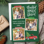 Cartes Pour Fêtes Annuelles Merci Grateful Camion Blessé Bande photo verte<br><div class="desc">Script de calligraphie moderne Merci gracieux bienheureux 3 Photo Collage Carte de vacances comprend bande d'embarcation et aquarelle Camion rouge Vintage avec arbre de Noël. Arrière - plan vert forestier.</div>