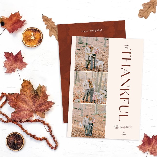 Cartes Pour Fêtes Annuelles Merci Thanksgiving Custom 3 photo (Thankful Thanksgiving 3 photo card show with red backside pattern on a white fall table flatlay )