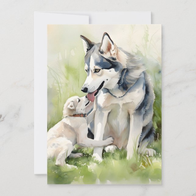Cartes Pour Fêtes Annuelles Mère Sibérie Husky Chien Maman Peinture Arrière -  (Devant)