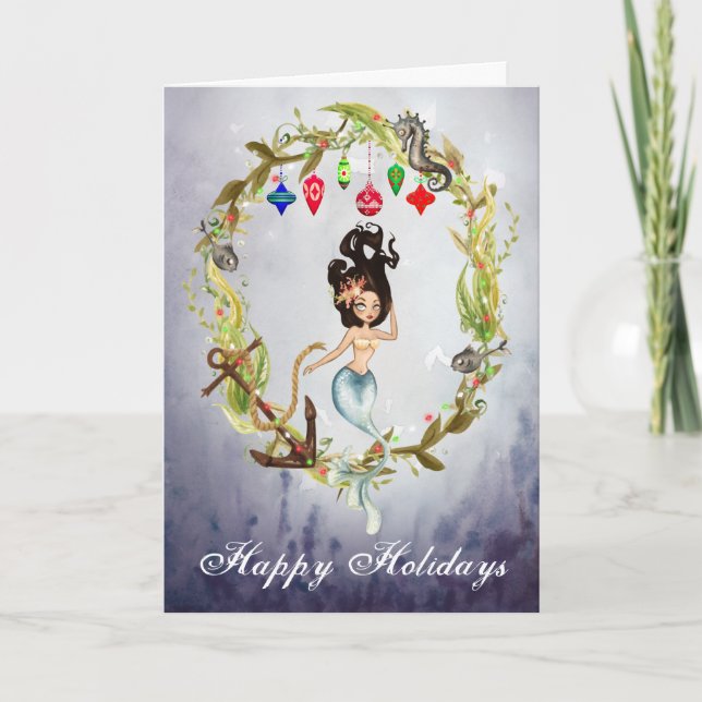 Cartes Pour Fêtes Annuelles Mermaid and Sea Life Christmas Wreath Beach (Devant)