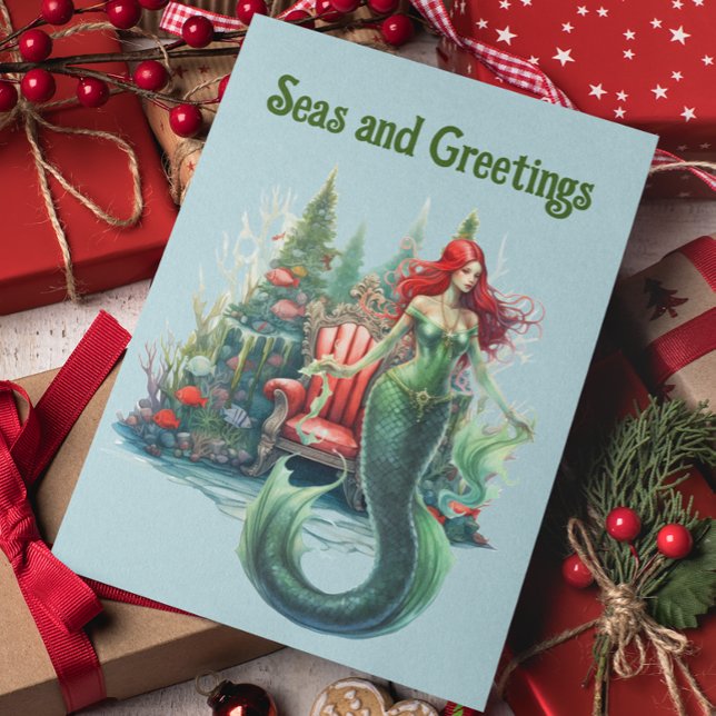 Cartes Pour Fêtes Annuelles Mermaid Aquarelle Mers de Noël et Salutations (Créateur téléchargé)