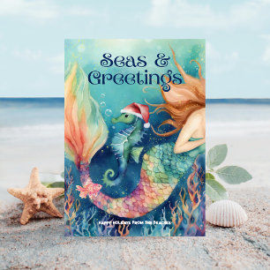 Cartes Pour Fêtes Annuelles Mermaid & Seahorse Père Noël Beach Noël