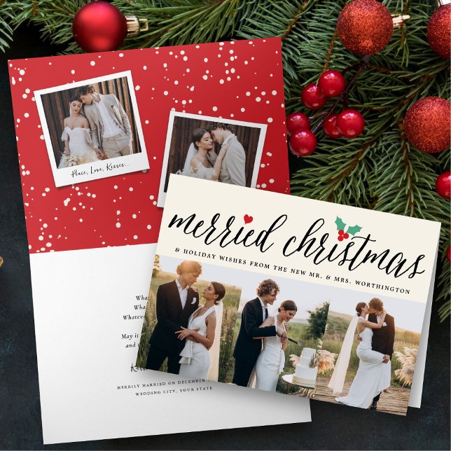 Cartes Pour Fêtes Annuelles Merried Christmas Holly Mistletoe 3 Photo Wedding ('Merried Christmas' Holly Mistletoe 3 Photo Holiday Wedding Announcement Card by fatfatin)