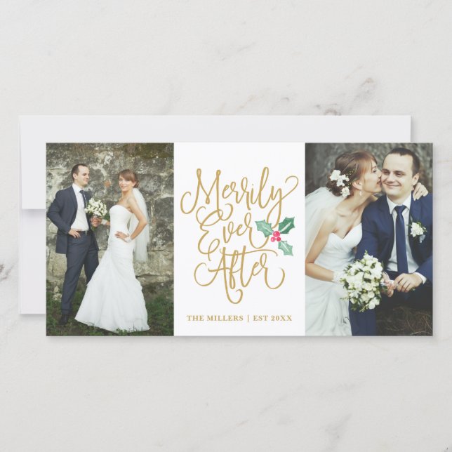 Cartes Pour Fêtes Annuelles Merrily Jamais après Mariage Holiday 2- Photo Gold (Devant)