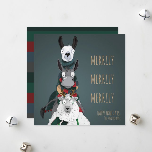 Cartes Pour Fêtes Annuelles "Merrily Merrily Merrily" Festive Funny Turquoise (Devant/Arrière en situation)