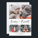 Cartes Pour Fêtes Annuelles Merry and Bright Modern Brush Script Collage Photo<br><div class="desc">This elegant and stylish holiday photo card is sure to spread cheer this year ! Featuring a joyful sensitive brush script with an intexture that says "Merry and Bright" Personalize the text on the bottom and the lumières with your own. Comes with a classic painted red and black pattern on...</div>