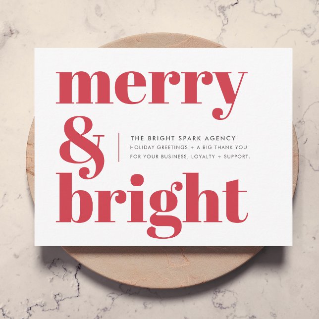 Cartes Pour Fêtes Annuelles Merry and Bright Red Corporate (Business holiday card by Guava, featuring bold “Merry & Bright” typography in bright festive red)