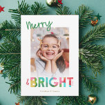 Cartes Pour Fêtes Annuelles Merry and Bright Tissue Paper Christmas Photo<br><div class="desc">This fun, bright Christmas holiday card features colorful text, reading, "Merry & Bright" in green, lime, cherry red, pink, golden yellow, and aqua. The typography for the word "Bright" incorporates an overlapping tissue paper design, which is also included on the back (overlapping Christmas trees). The tissue paper has a crafty,...</div>