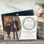 Cartes Pour Fêtes Annuelles Merry and Bright Winter Wreath Gold Glitter Photo<br><div class="desc">Merry and Bright Winter Wreath Gold Glitter Photo Holiday Card</div>