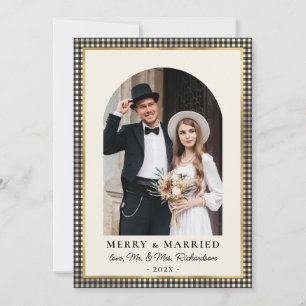 Cartes Pour Fêtes Annuelles Merry and Married Arch Photo Plaid Noir Or