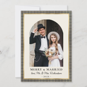 Cartes Pour Fêtes Annuelles Merry and Married Arch Photo Plaid Noir Or