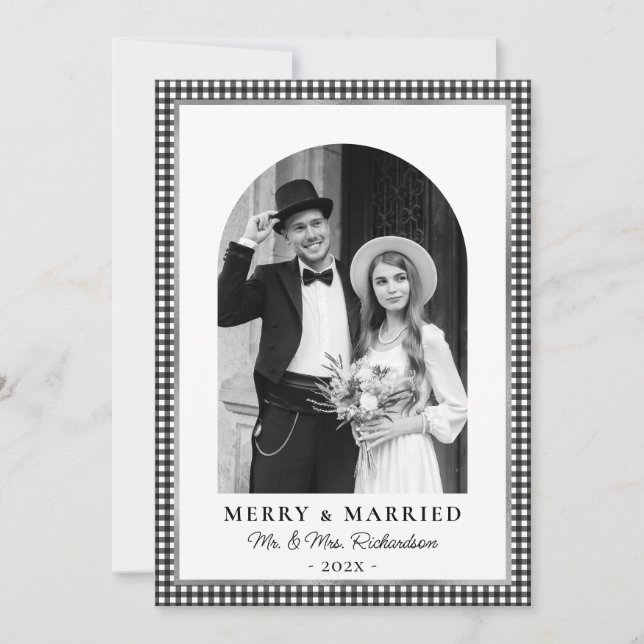 Cartes Pour Fêtes Annuelles Merry and Married Newlywed Photo Black White Plaid (Devant)