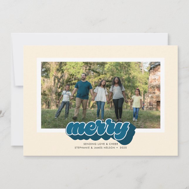 Cartes Pour Fêtes Annuelles Merry Blue Retro Script Christmas Photo (Devant)
