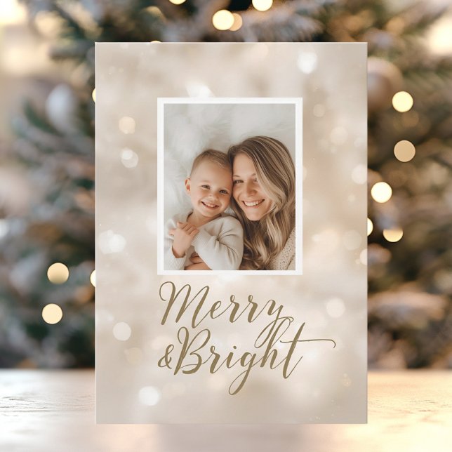 Cartes Pour Fêtes Annuelles Merry & Bright Beige Gold Christmas Photo (Créateur téléchargé)
