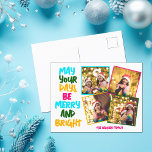 Cartes Pour Fêtes Annuelles Merry Bright Colorful Christmas 4 Photo Collage<br><div class="desc">Cute and cheerful family photo collage holiday cards featuring a colorful strand of Christmas lights wrapped around your kids photograph. May Your Days Be Merry and Bright written in bold letters from light blue to your family name in hot pink. A rainbow of colors for the holidays. Add your favorite...</div>