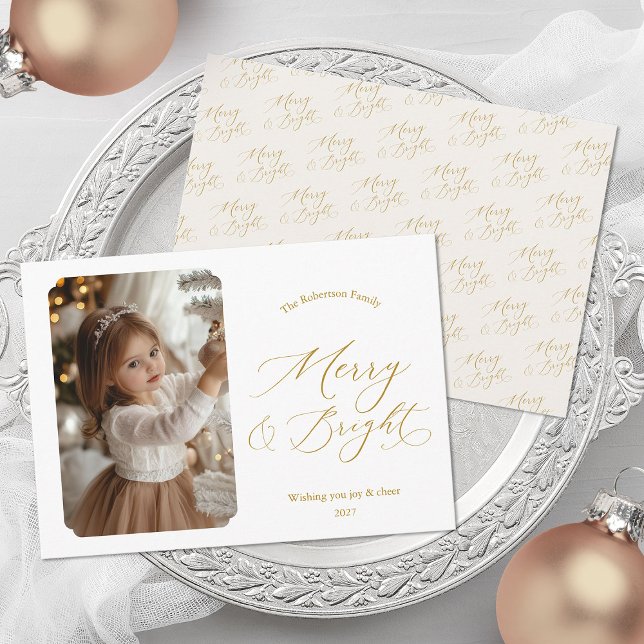 Cartes Pour Fêtes Annuelles Merry & Bright Elegant Gold Script Christmas Photo (Créateur téléchargé)