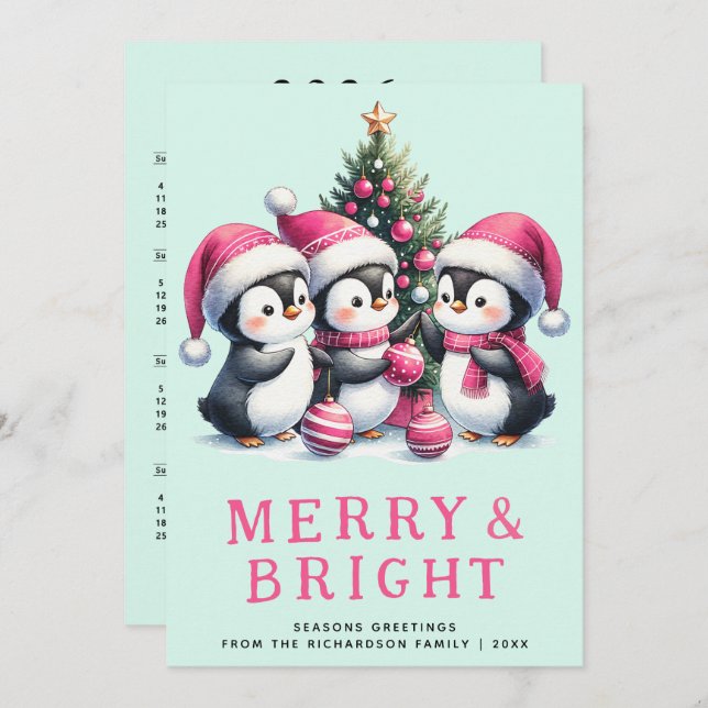 Cartes Pour Fêtes Annuelles Merry & Bright Mint et Pingouin de Noël rose (Devant / Derrière)