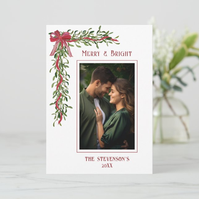 Cartes Pour Fêtes Annuelles Merry & Bright Mistletoe Red Photo Christmas (Debout devant)