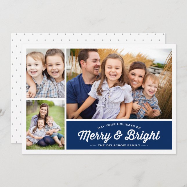 Cartes Pour Fêtes Annuelles Merry & Bright Navy 3 Photo Holiday Salutation (Devant / Derrière)