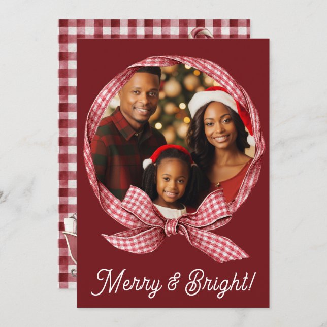 Cartes Pour Fêtes Annuelles Merry & Bright Red Gingham Photo Holiday Christmas (Devant / Derrière)