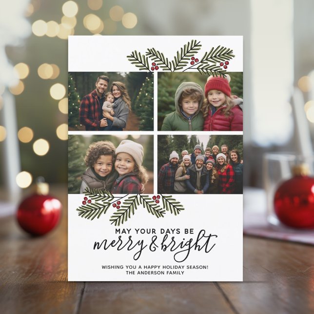 Cartes Pour Fêtes Annuelles Merry Bright Retro 4 photo Pine de Noël Branches (4 Photo online Christmas Card with Whimsical Branches - Download Option Available)