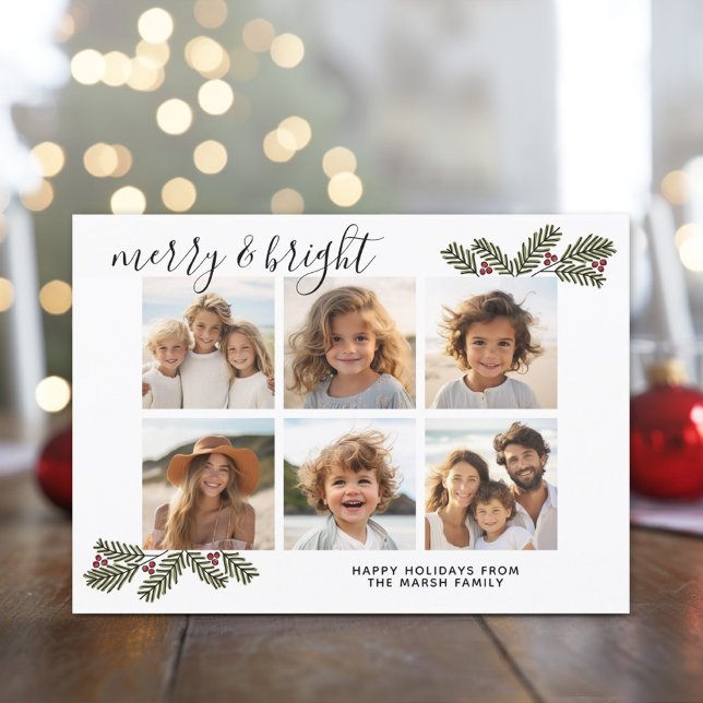 Cartes Pour Fêtes Annuelles Merry Bright Retro 6 photo Noël Pine Branches (Whimsical branches holiday card)