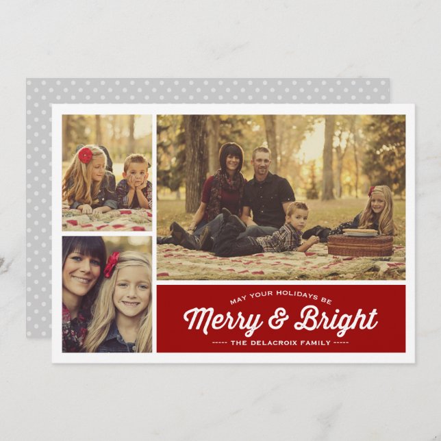 Cartes Pour Fêtes Annuelles Merry & Bright Ruby 3 Photo Holiday Salutation (Devant / Derrière)