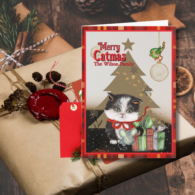 Cartes Pour Fêtes Annuelles Merry Catmas Cute Kitten Christmas Red bow (Merry Catmas Cute Kitten Christmas Red bow Holiday Card)