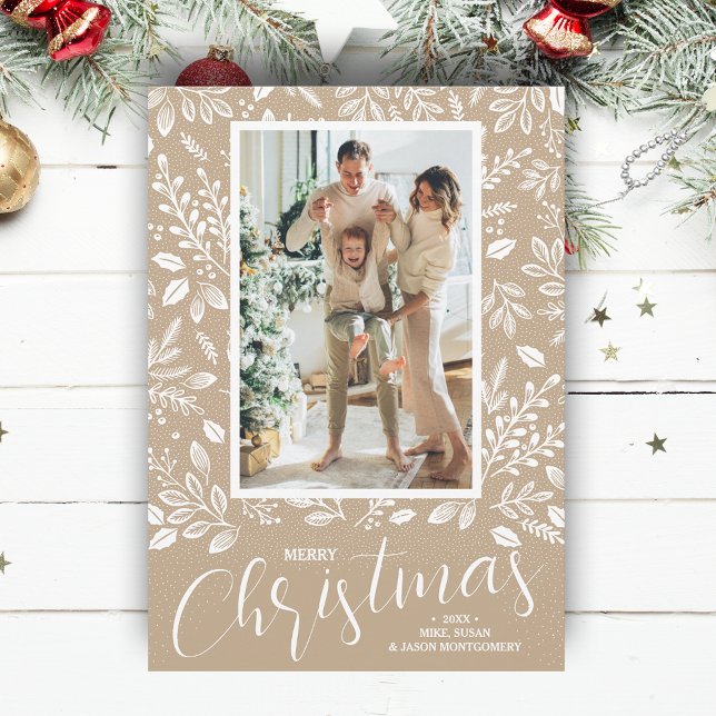 Cartes Pour Fêtes Annuelles Merry Christmas Botanicals on Taupe Photo (White botanicals on taupe Merry Christmas photo holiday cards, PRINTED and/or INSTANT DOWNLOAD)