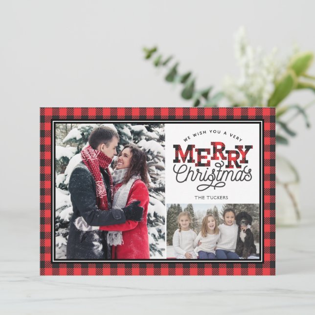 Cartes Pour Fêtes Annuelles MERRY Christmas Buffalo Plaid Border 2-Photo (Debout devant)
