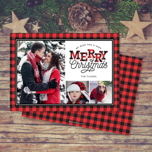 Cartes Pour Fêtes Annuelles MERRY Christmas Buffalo Plaid Bordure 3-Photo (Créateur téléchargé)