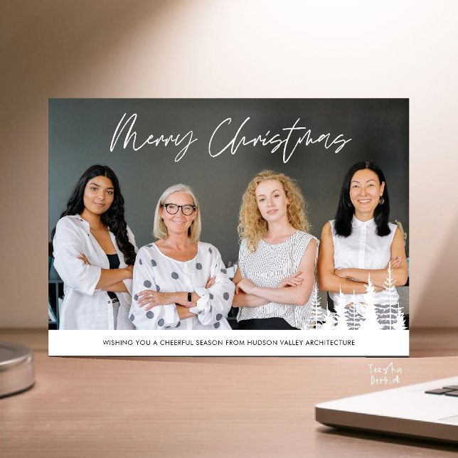 Cartes Pour Fêtes Annuelles Merry Christmas Business Team Photo Pine Trees (Merry Christmas Business Team Photo Pine Trees Holiday Card in Black and White)