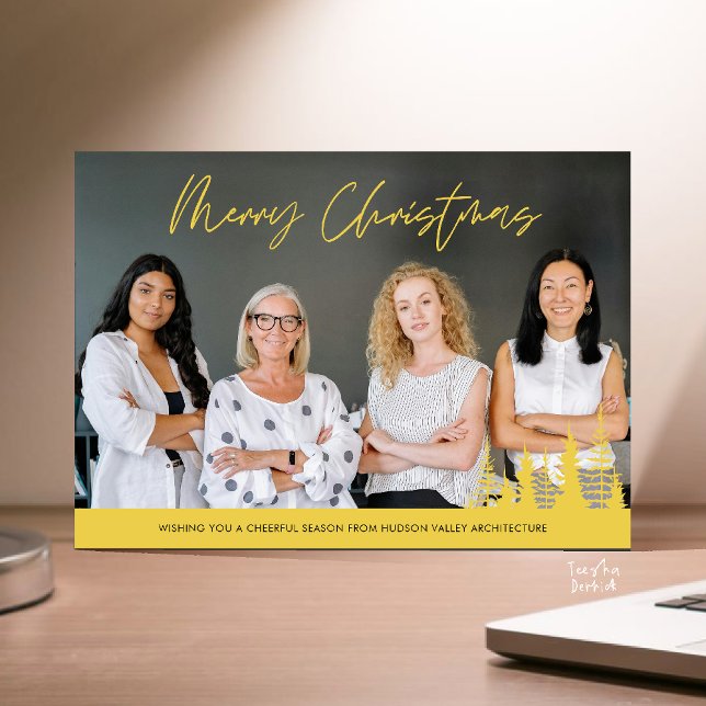 Cartes Pour Fêtes Annuelles Merry Christmas Business Team Photo Pine Trees (Merry Christmas Business Team Photo Pine Trees Holiday Card in Yellow Gold)