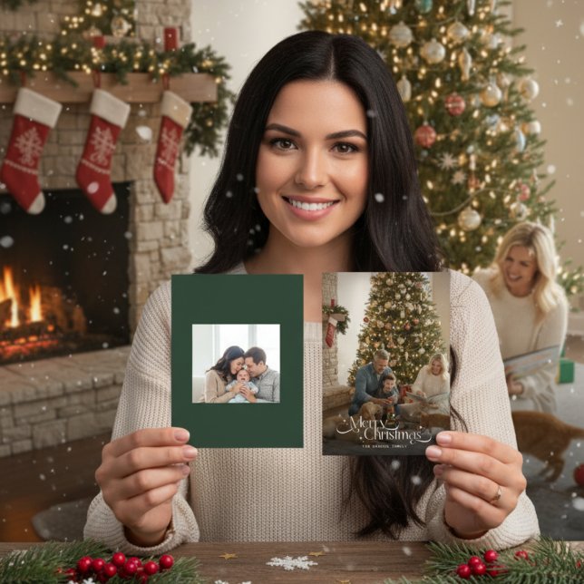 Cartes Pour Fêtes Annuelles Merry Christmas Calligraphy Script Family Photo (Créateur téléchargé)