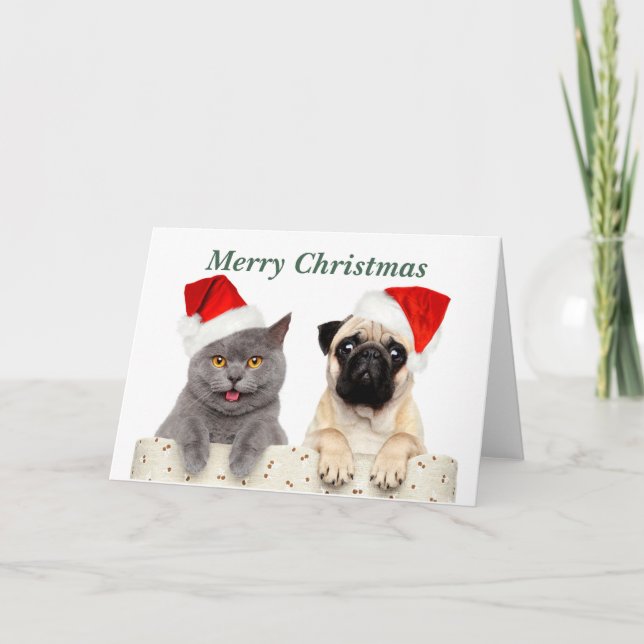 Cartes Pour Fêtes Annuelles Merry Christmas Cat and Carlin dog (Devant)