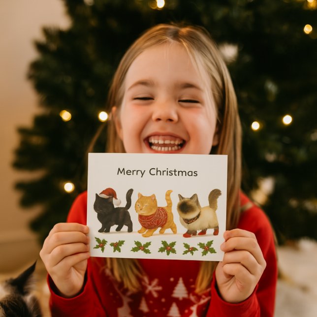 Cartes Pour Fêtes Annuelles Merry Christmas Cat Lover / Cute Cats  ( Joyful girl holding your festive cat-themed Christmas card. Anyone who likes cats will love it)