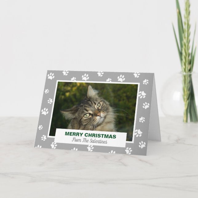 Cartes Pour Fêtes Annuelles Merry Christmas Cat White Paw Prints Pet Photo (Devant)