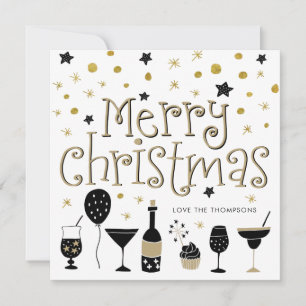 Cartes Pour Fêtes Annuelles Merry Christmas Cocktail Étoiles Confettis Or Noir