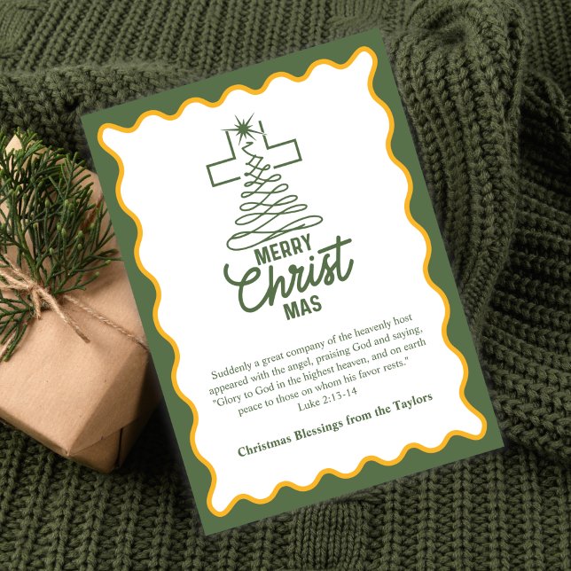 Cartes Pour Fêtes Annuelles Merry Christmas Cross Tree Blessings (Merry CHRISTmas Cross-Tree Card Green & Gold with Luke 2:13–14)
