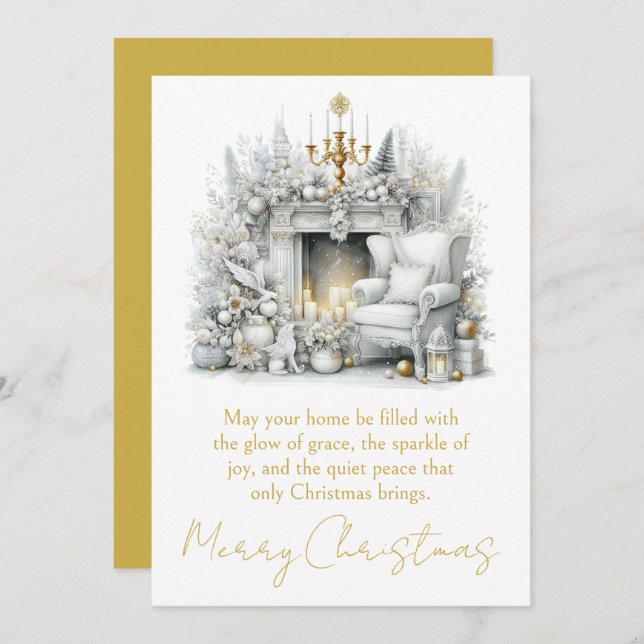 Cartes Pour Fêtes Annuelles Merry Christmas Elegant Fireplace with Chandelier (Devant / Derrière)