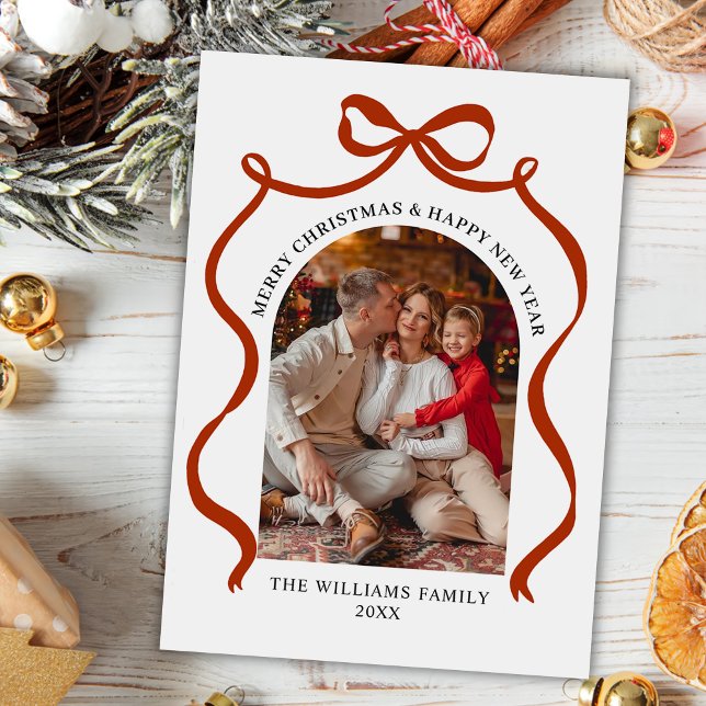 Cartes Pour Fêtes Annuelles Merry Christmas Elegant Red Bow Photo Holiday Card (Créateur téléchargé)