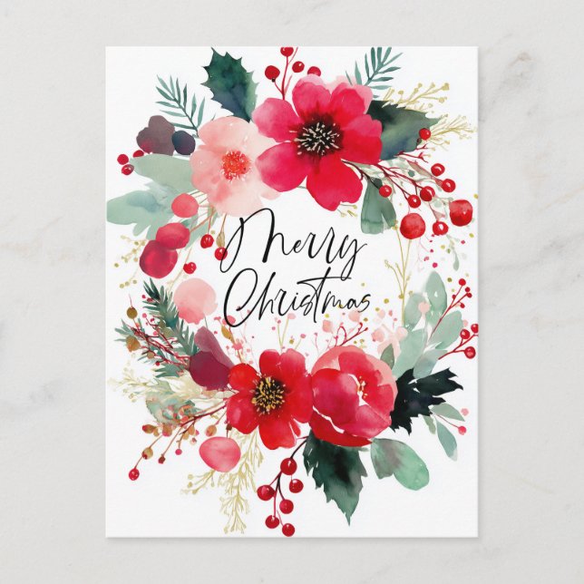 Cartes Pour Fêtes Annuelles Merry Christmas Flower Wreath Holiday (Devant)