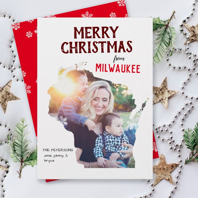 Cartes Pour Fêtes Annuelles Merry Christmas from Wisconsin Photo Card (From Wisconsin with love one photo Christmas holiday card and moving announcement )