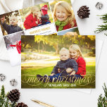 Cartes Pour Fêtes Annuelles Merry Christmas Gold Script Overlay Photo Collage<br><div class="desc">Simply chic holiday multi-photo-photo-card avec objets "Merry Christmas" in a modern beautiful gold or script with scrolling détaillé in white and photo collage template with six (6) additional on the back.</div>