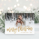 Cartes Pour Fêtes Annuelles Merry Christmas Gold Script Photo Overlay<br><div class="desc">Affordable custom printed Christmas photo cards with simple templates for customization. This stylish moderndern design objets faux gold foil script Merry Christmas typographiy overlaid on your full bleed photo. Personalize it with your photographies family name, the year or other custom text. Please note that the faux gold foil is part...</div>
