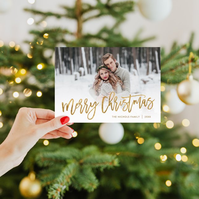 Cartes Pour Fêtes Annuelles Merry Christmas Gold Script Photo Overlay (Créateur téléchargé)