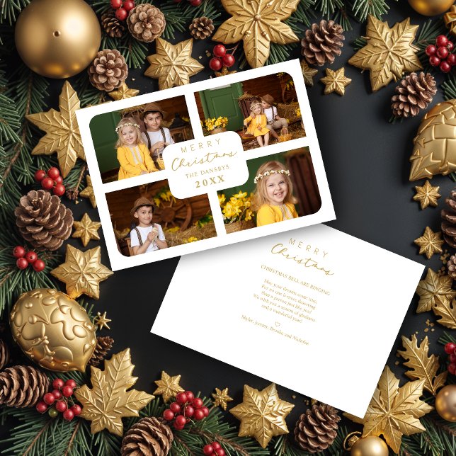 Cartes Pour Fêtes Annuelles Merry Christmas Golden Minimalist 4 Photos Collage (Cute Merry Christmas Golden Minimalist 4 Photos Collage Holidays Cards with Envelope.)