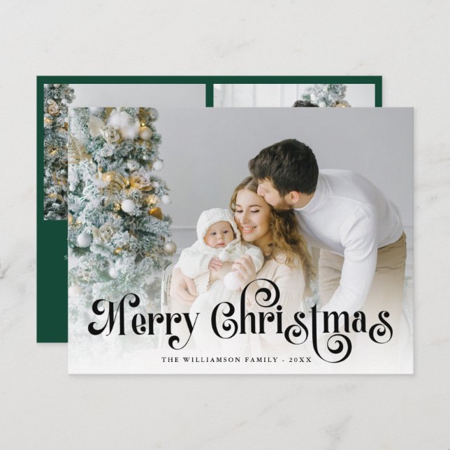 Cartes Pour Fêtes Annuelles Merry Christmas Green Stylish Lettering Photo  (Devant / Derrière)