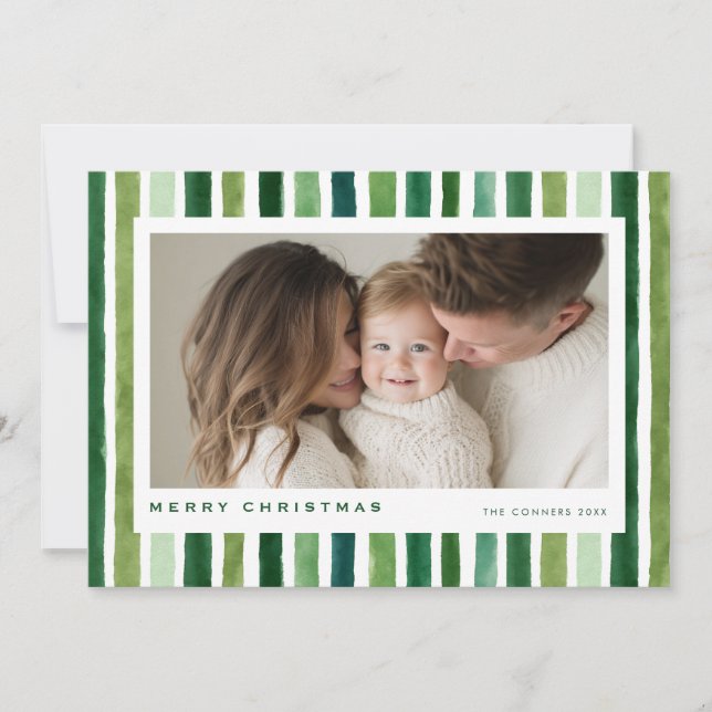 Cartes Pour Fêtes Annuelles Merry Christmas Green watercolor stripes (Devant)
