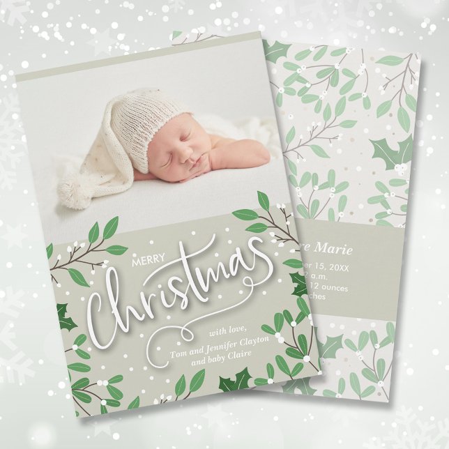 Cartes Pour Fêtes Annuelles Merry Christmas Greenery Photo Birth Announcements (Créateur téléchargé)